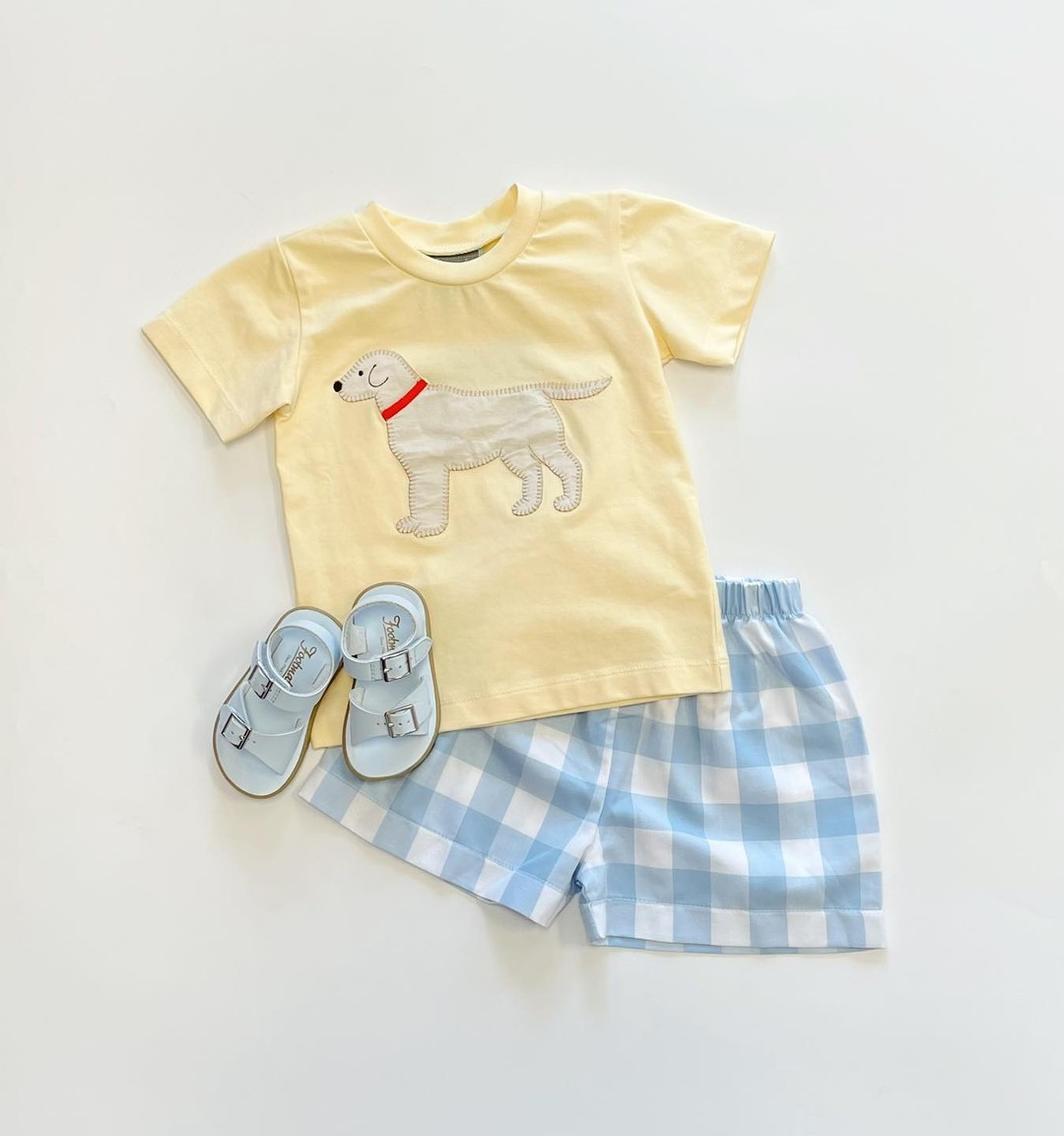 Baby Boys Yellow Dog Top Checkered Shorts Clothes Sets and Baby Girls Green Stripes Cow Top Ruffle Shorts Clothes Sets Preorder