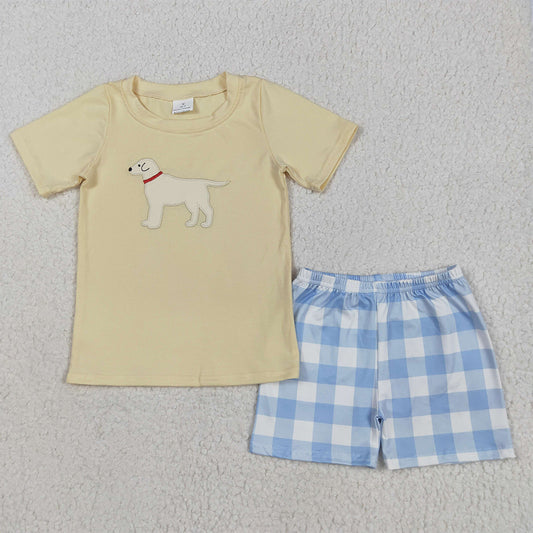 BSSO1058RTS NO MOQ Baby Boys Summer Boys Outfits Baby Boys Yellow Dog Top Checkered Shorts Clothes Sets Preorder