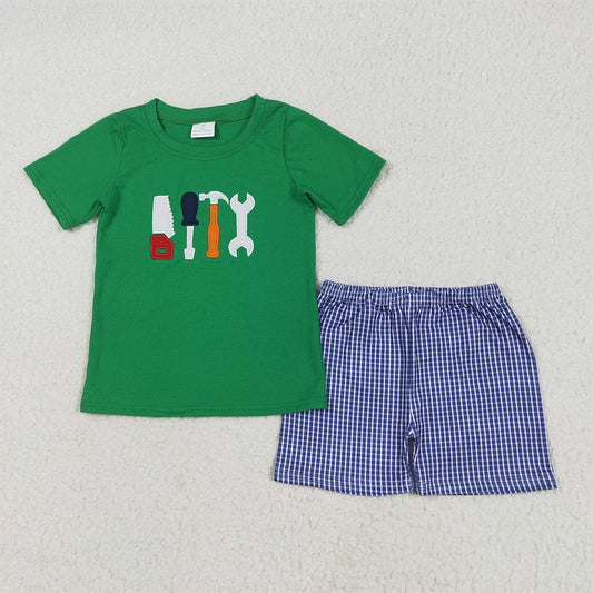 BSSO1066 RTS NO MOQ Baby Boys Summer Boys Outfits Baby Boys Green Tools Shirts Checkered Shorts Clothes Sets Preorder