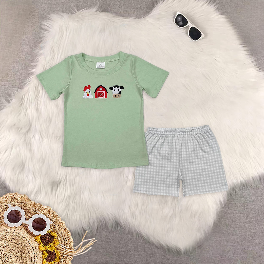 8.12  RTS Sibling Short sleeves chicken cow top plaid shorts farm boy clothes rompers