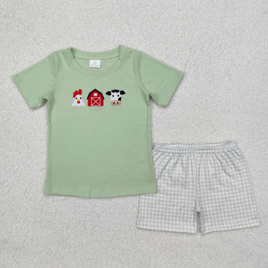 BSSO1067  Short sleeves chicken cow top plaid shorts farm boy clothes