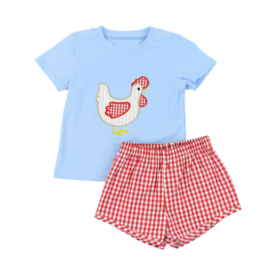 BSSO1068 Baby Boys Chicken Short Sleeve Top Checkered Shorts Clothes Sets Preorder