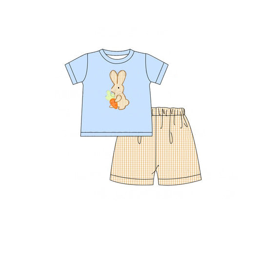 BSSO1071 Baby Boys Easter Blue Rabbit Carrot Shirt Checkered Shorts Clothes Sets Preorder