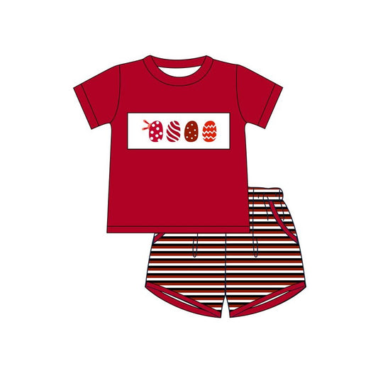BSSO1075 Baby Boys Easter Red Eggs Shirts Stripes Shorts Clothes Sets Preorder
