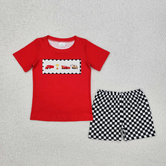 BSSO1079Red cars top black plaid shorts boys clothes