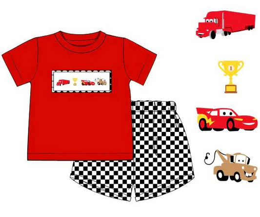 BSSO1079 Baby Boys Racing Cars Shirts Checkered Shorts Clothes Sets Preorder
