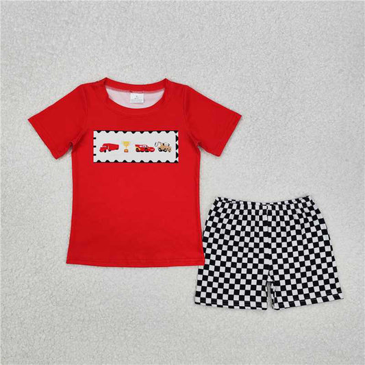5.16  BSSO1079 RTS NO MOQ Red cars top black plaid shorts boys clothes
