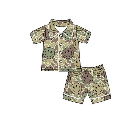 BSSO1082 Baby Boys Green Camo Smile Buttons Top Shorts Pajamas Clothes Sets Preorder