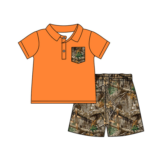 BSSO1086 Baby Boys Orange Pullover Top Real Tree Camo Hunting Shorts Sets Preorder