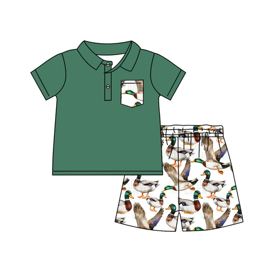 BSSO1087 Baby Boys Green Pullover Top Mallard Ducks Hunting Shorts Sets Preorder