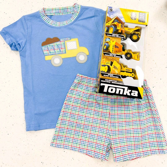 BSSO1088 Baby Boys Lorry Short Sleeve Tee Top Checkered Shorts Clothes Sets Preorder