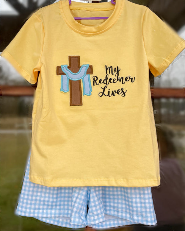 BSSO1090 Baby Boys Easter Cross Shirts Checkered Shorts Clothes Sets