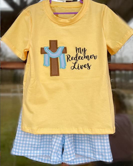 BSSO1090 Baby Boys Easter Cross Shirts Checkered Shorts Clothes Sets