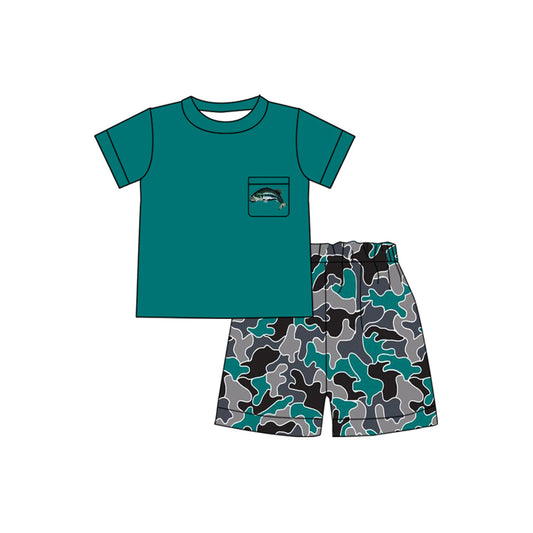 BSSO1091 Baby Boys Blue Camo Fish Pocket Shirt Shorts Clothes Sets