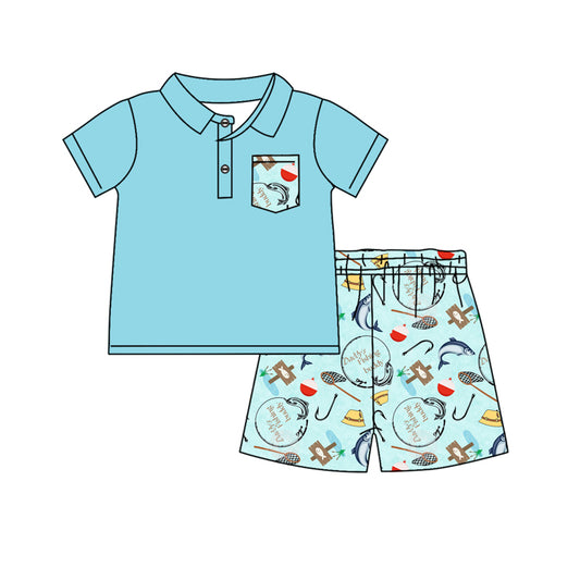 BSSO1094 Baby Boys Blue Pocket Shirt Fishing Buddy Shorts Clothes Sets