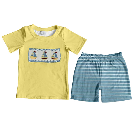 BSSO1095 Baby Boys Boats Short Sleeve Tee Shirts Top Stripes Shorts Clothes Sets