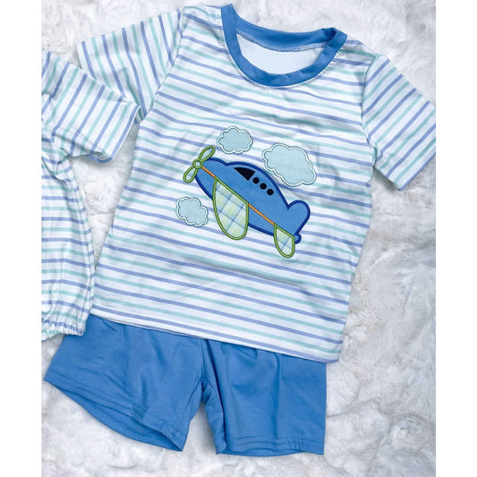 BSSO1096 Baby Boys Plane Stripes Shirt Shorts Clothes Sets