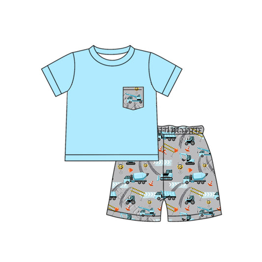 BSSO1097 Baby Boys Blue Construction Tee Shorts Clothes Sets