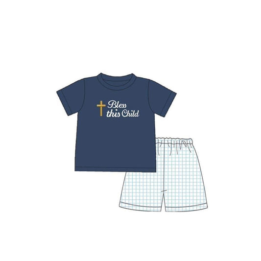 BSSO1100 Baby Boys Easter Bless This Child Shirts Checkered Shorts Clothes Sets