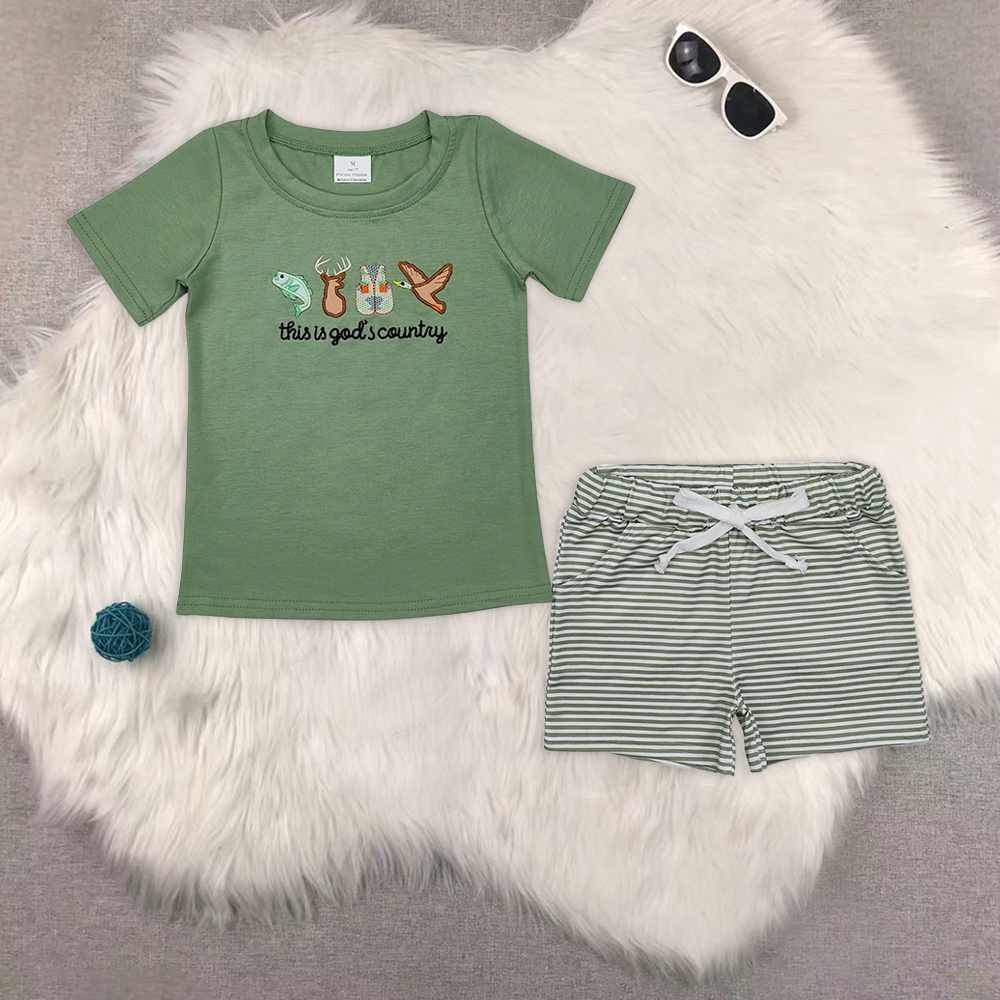 8.16 RTS Sibling This is god's country fish deer duck top shorts boys clothes rompers
