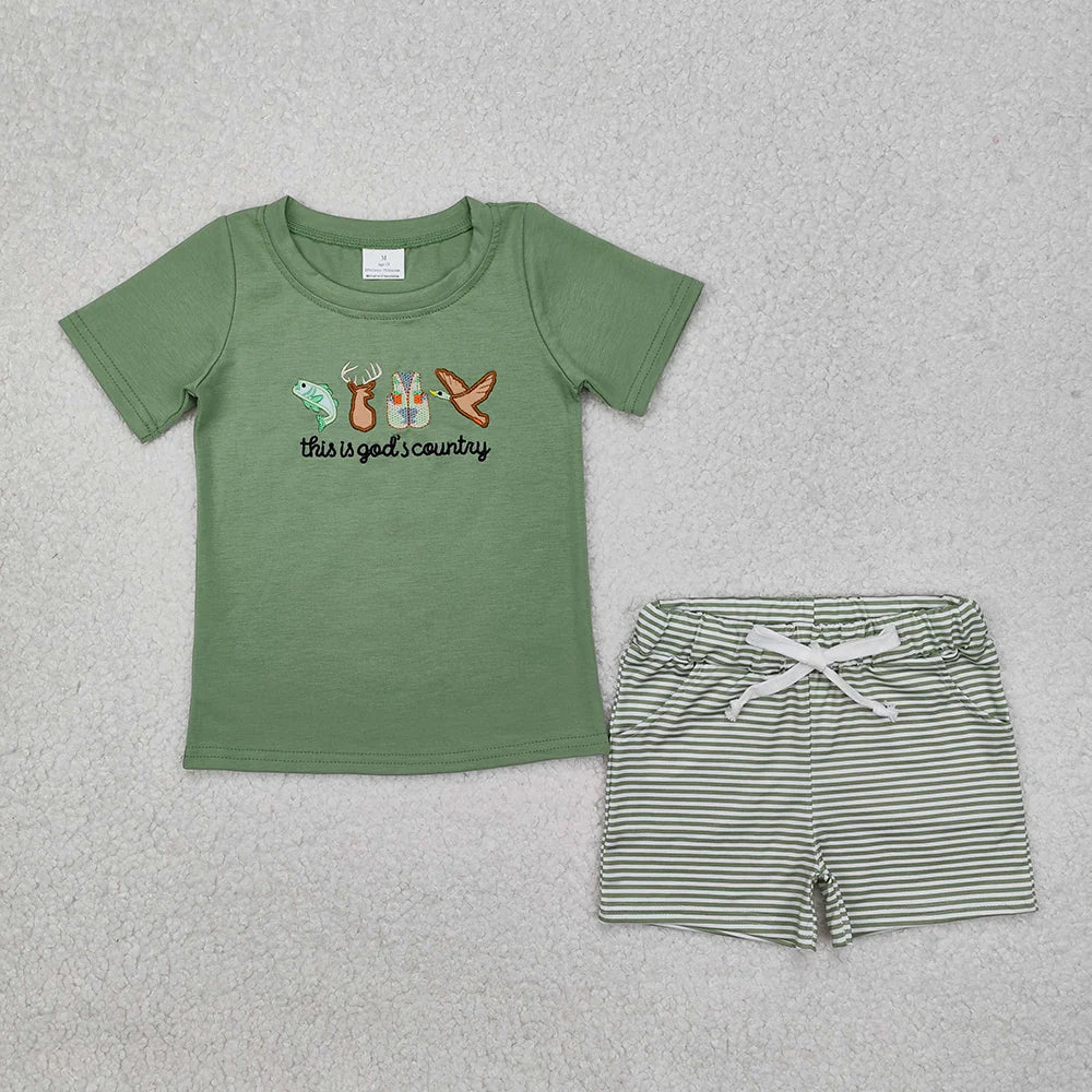 USA Warehouse (IN STOCK) BSSO1108 Baby Boys Summer Clothes Baby Boys God Country Hunting Tee Shirt Shorts Clothes Sets