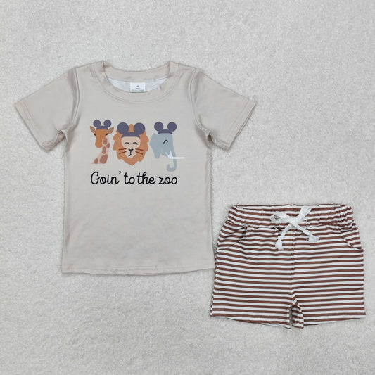 BSSO1109Zoo giraffe lion elephant top stripe shorts boys clothes