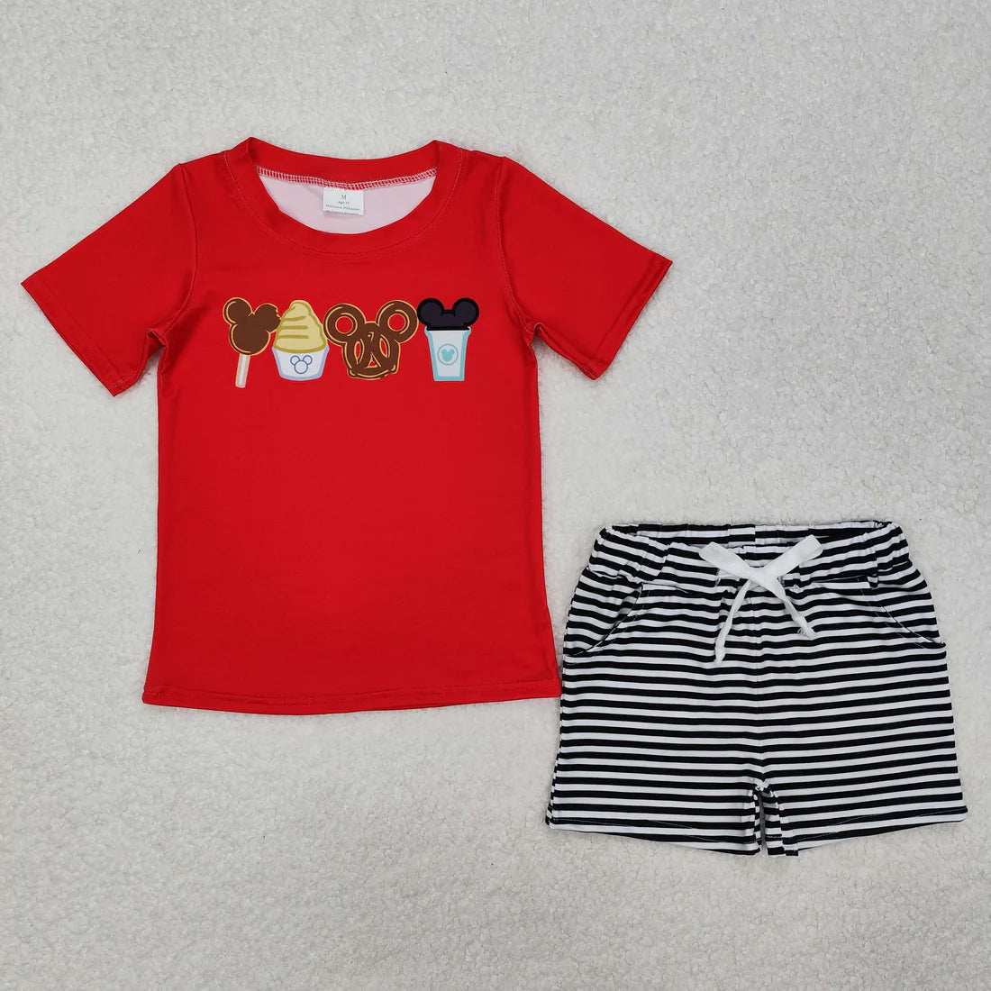 12.13 RTS Sibling Boys Baby Girls Red Cartoon Snacks Summer Outfits Sets