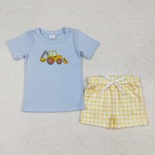 BSSO1117RTS NO MOQ Baby Boys Summer Boys Outfits Boys' Charming Short-Sleeved Light Blue Construction Clothes for Everyday