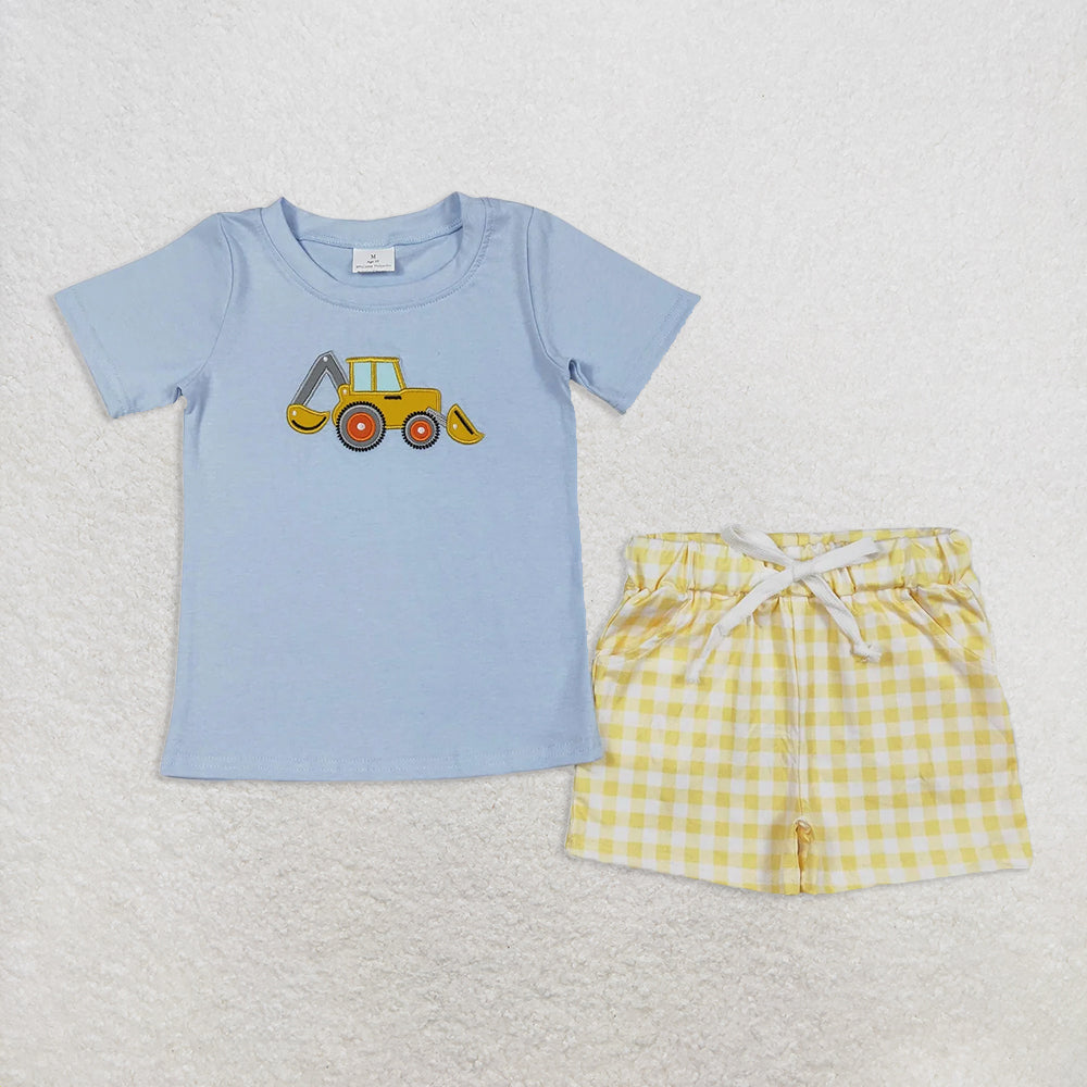 BSSO1117RTS NO MOQ Baby Boys Summer Boys Outfits Short sleeves light blue constructions boys clothes