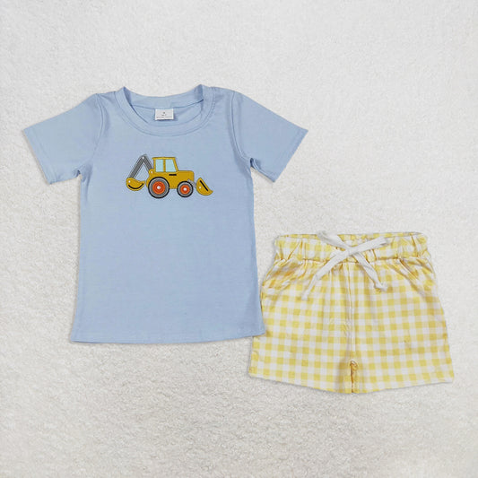 BSSO1117RTS NO MOQ Baby Boys Summer Boys Outfits Short sleeves light blue constructions boys clothes