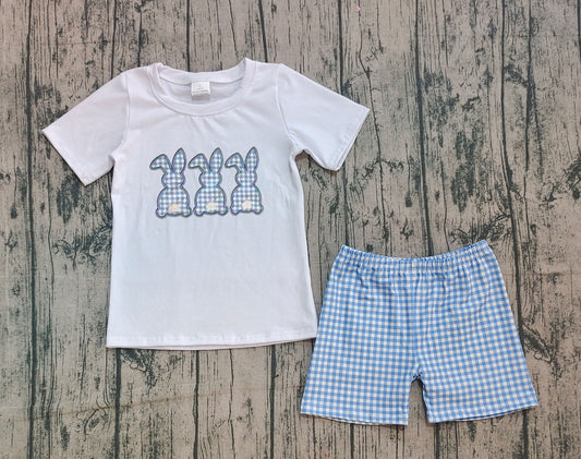9.26 BSSO1123 Sample No Moq Embroidery Rabbits Baby Boys Shirts Checkered Shorts Easter Clothes Sets