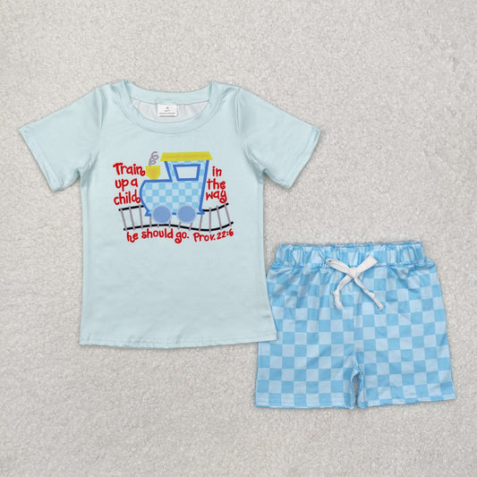 BSSO1128Short sleeves train shirt plaid shorts boys summer clothes