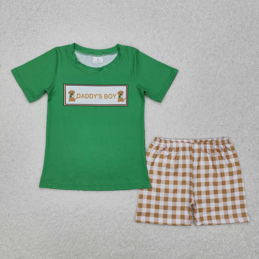 BSSO1131Green daddy's boy dog top plaid shorts kids boys clothes
