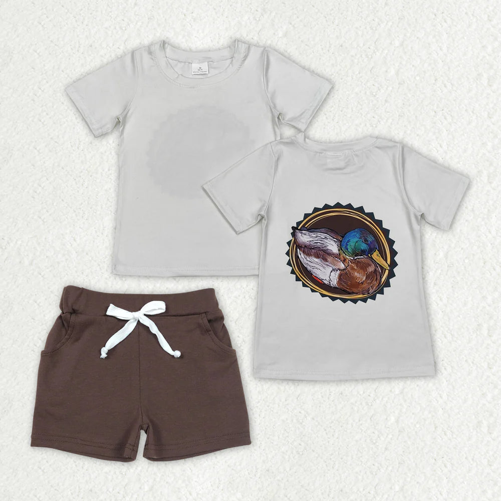 12.18 RTS Sibling Baby Boys Short Sleeve Back Ducks Dogs Fishing Top Pockets Shorts Hunting Clothes Sets
