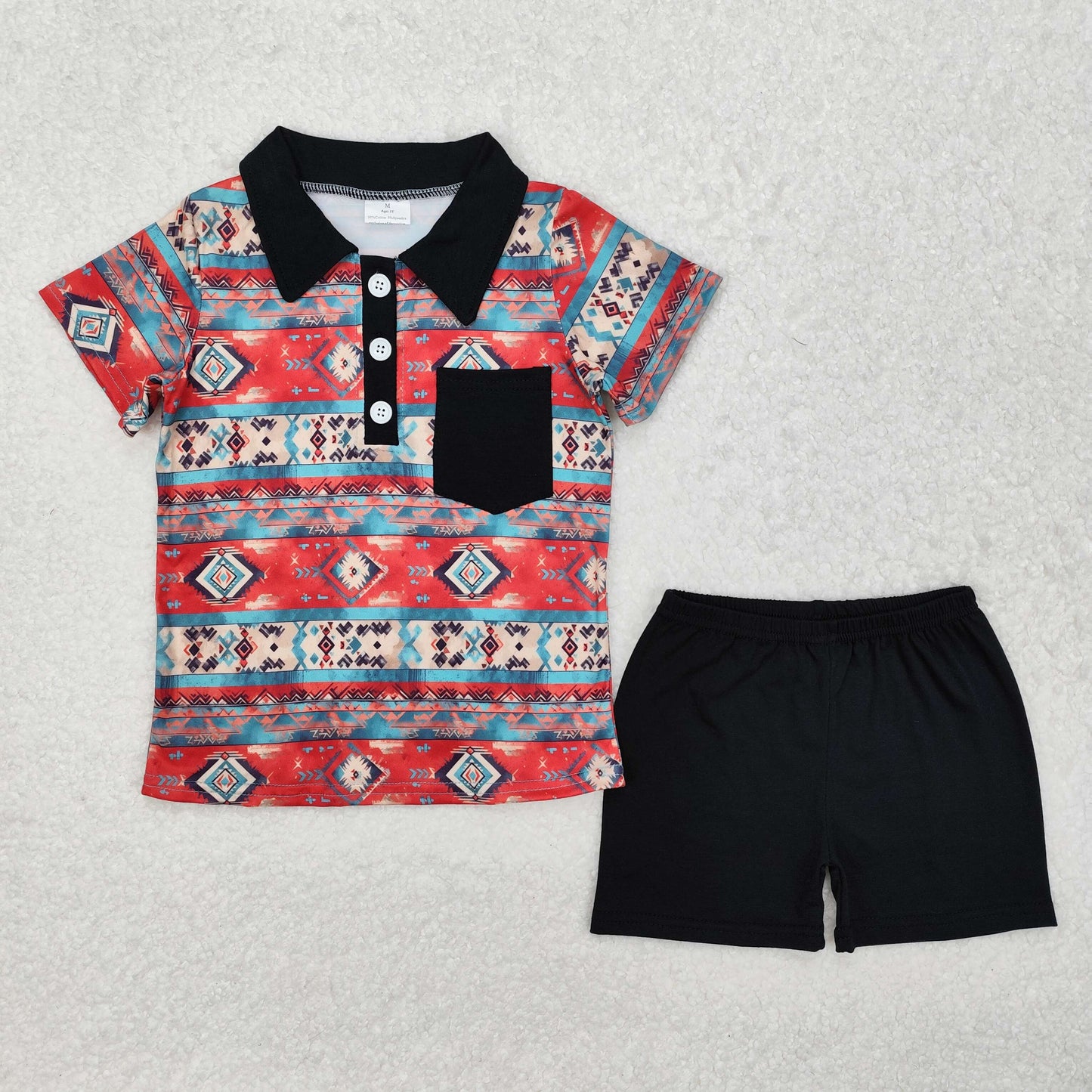 BSSO1140Black pocket aztec polo shirt shorts western boys outfits