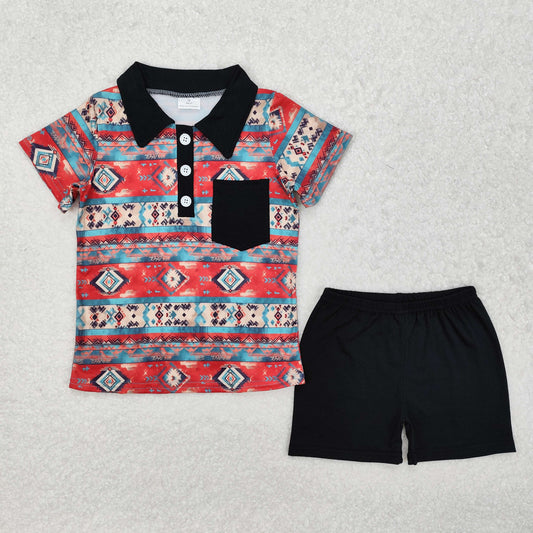 BSSO1140Black pocket aztec polo shirt shorts western boys outfits