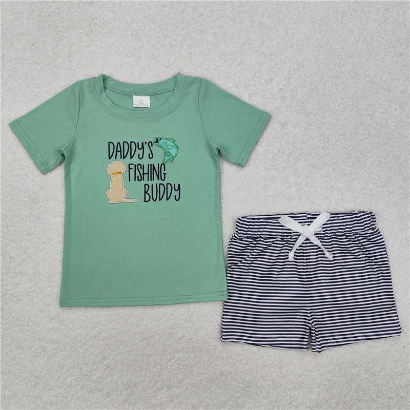 4.12 BSSO1147 RTS NO MOQ Baby Boys Embroidery Daddy's Fishing Stripe Shorts Set