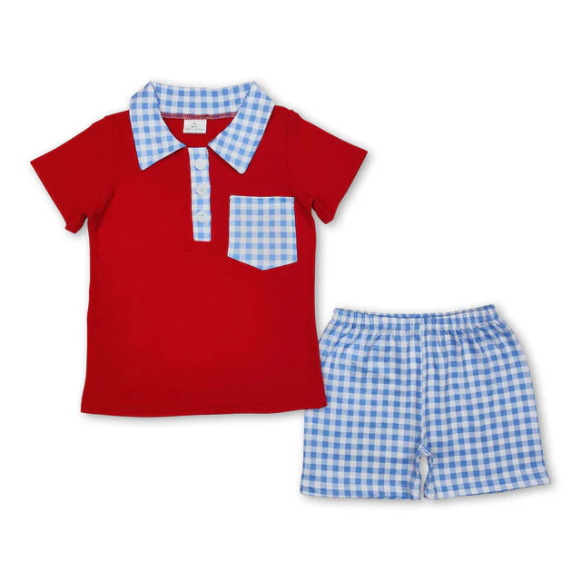 RTS Sibling Red top plaid shorts boys summer outfits