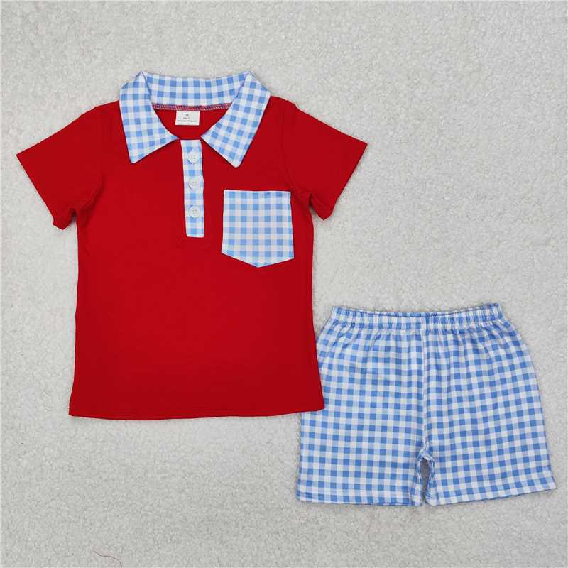 4.14 RTS NO MOQ Baby Boys Red Polo Top Blue Gingham Shorts Set