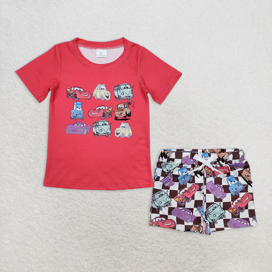 BSSO1159RTS NO MOQ Baby Boys Summer Boys Outfits Red short sleeves top plaid cars shorts boys clothing