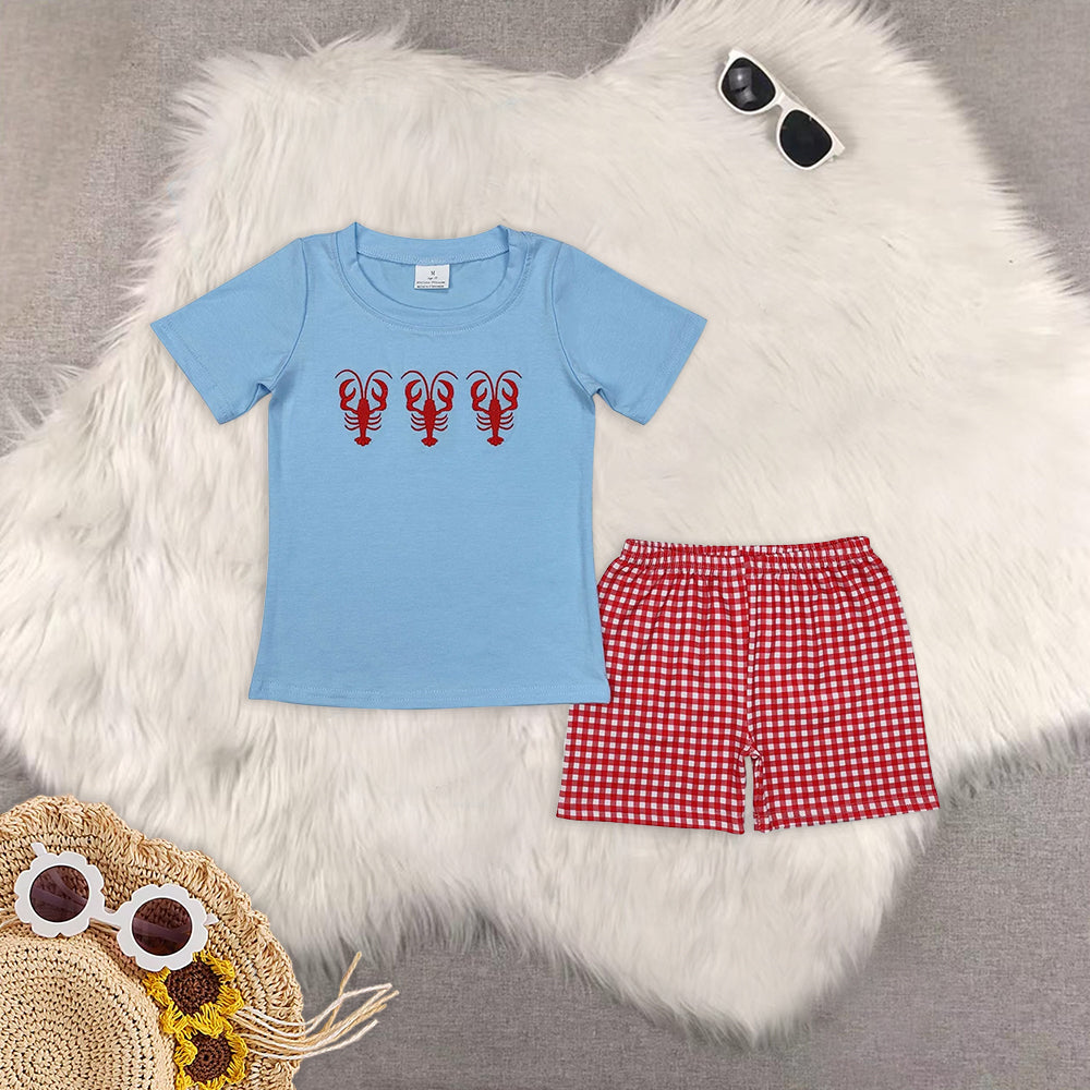 8.12  RTS Sibling Blue short sleeves crawfish top plaid shorts boy outfits