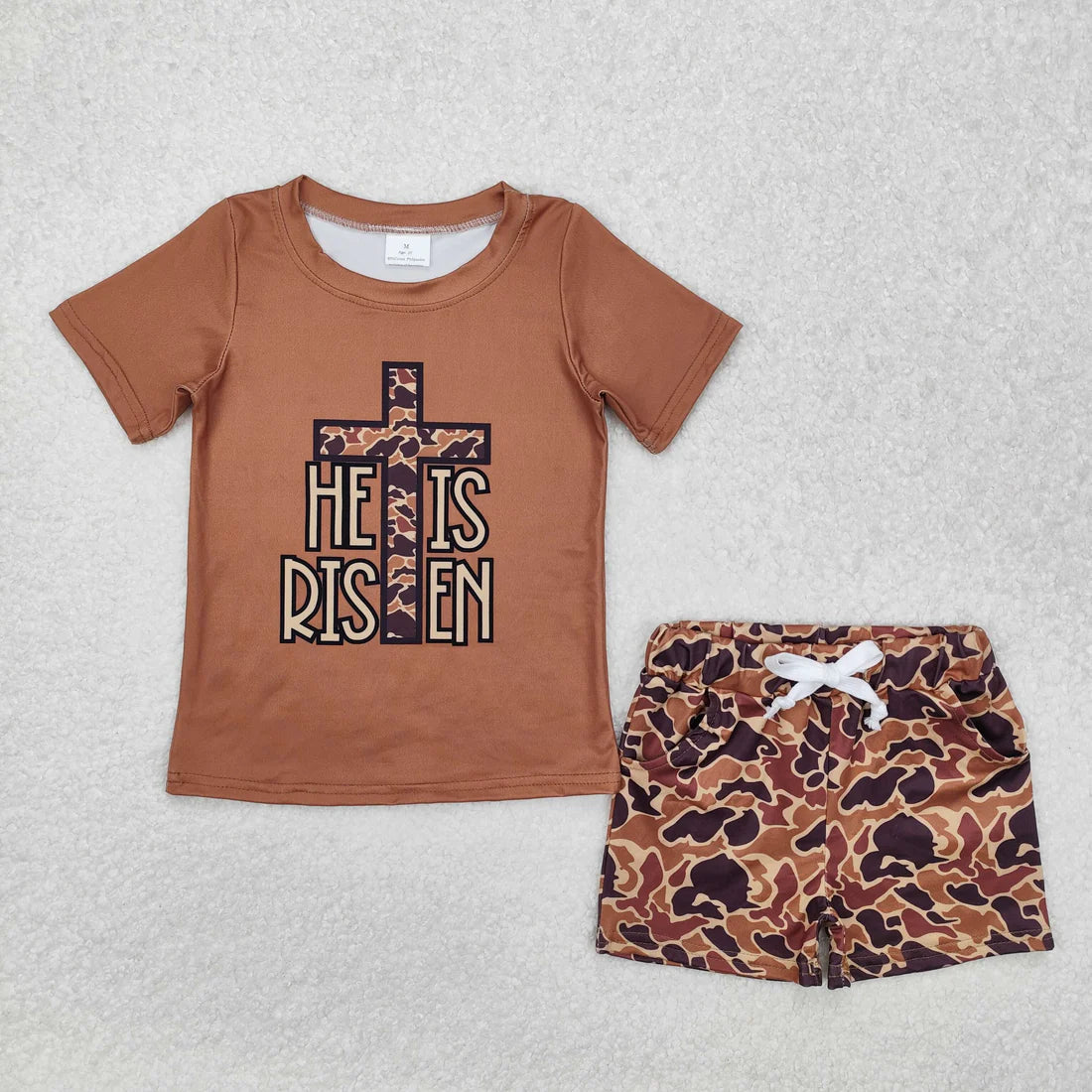 1.27 RTS Sibling Baby Boys Brown Camo Cross He is Risen Pockets Shorts Easter Clothes Set Rompers