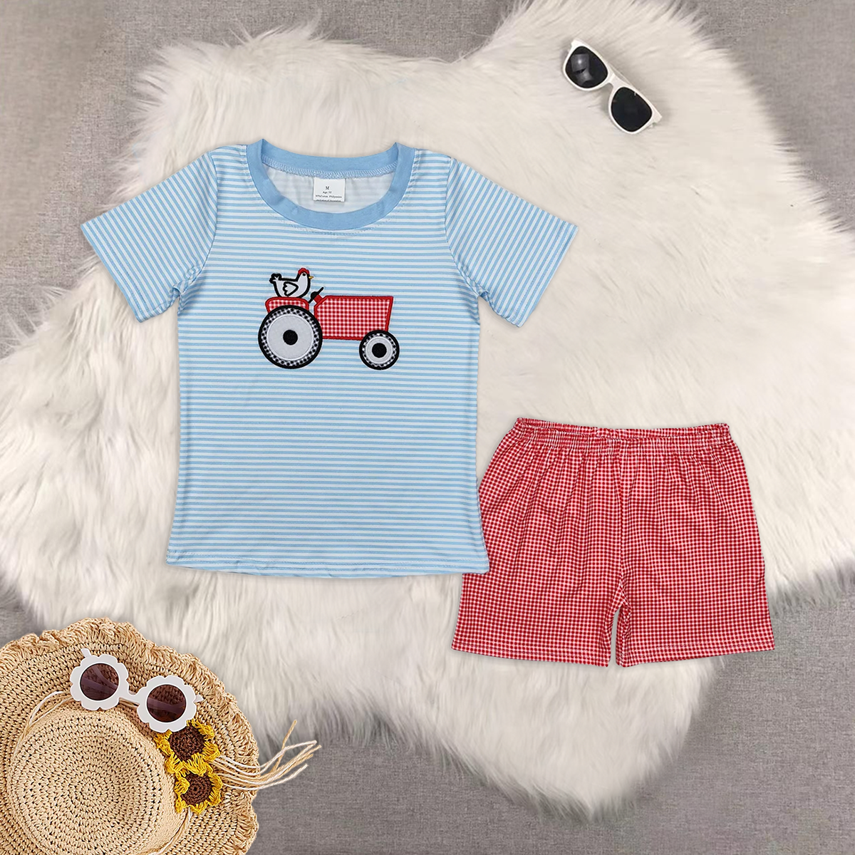 8.12   RTS Sibling Short sleeves stripe chicken tractor boys farm clothes rompers