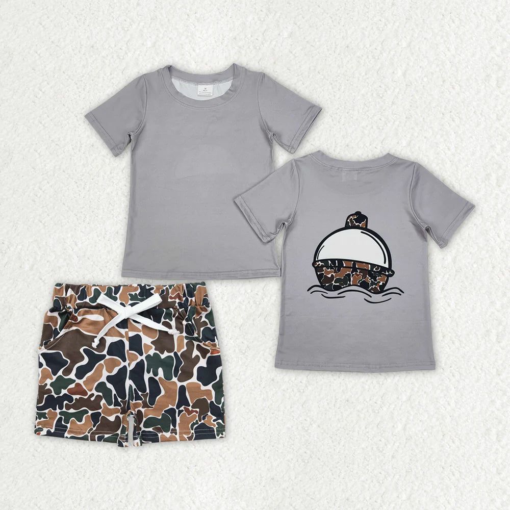 12.18 RTS Sibling Baby Boys Short Sleeve Back Ducks Dogs Fishing Top Pockets Shorts Hunting Clothes Sets