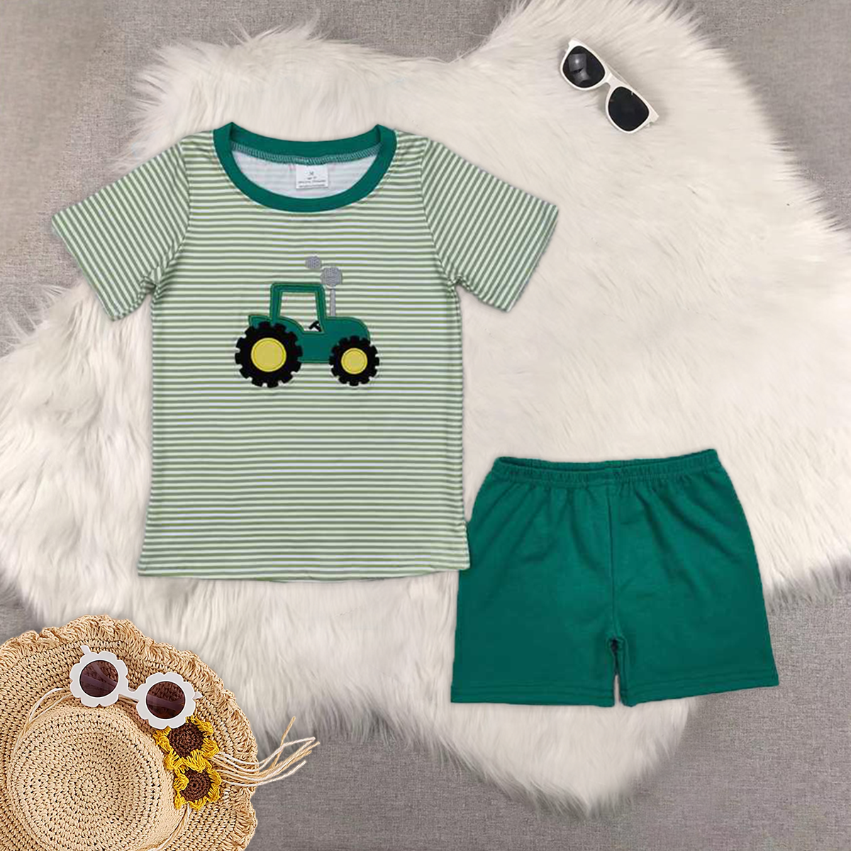 8.16 RTS Sibling Short sleeves green stripe tractor kids boys farm clothes rompers
