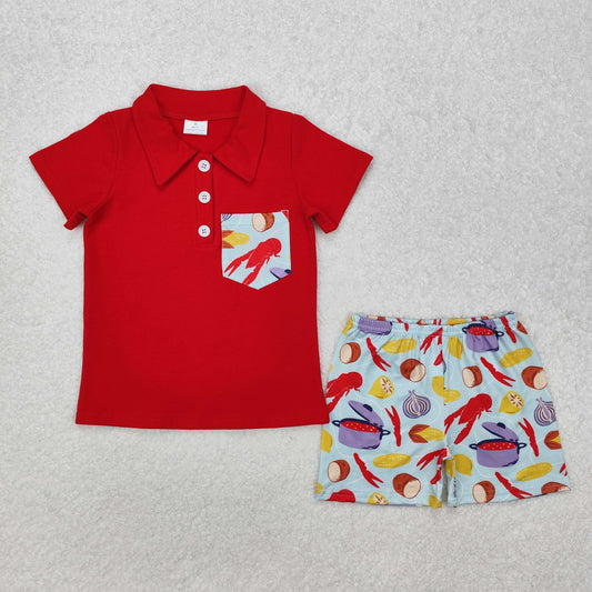 BSSO1188Red short sleeves pocket top crawfish shorts boys clothes