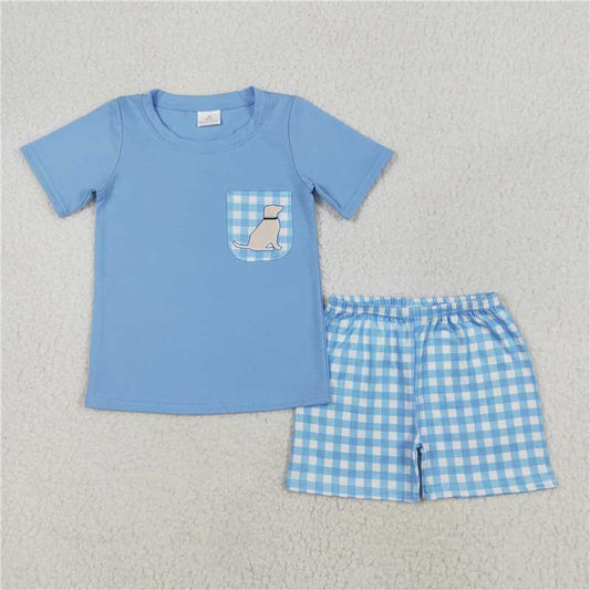 BSSO1190Short sleeves light blue dog pocket top plaid shorts boys clothes