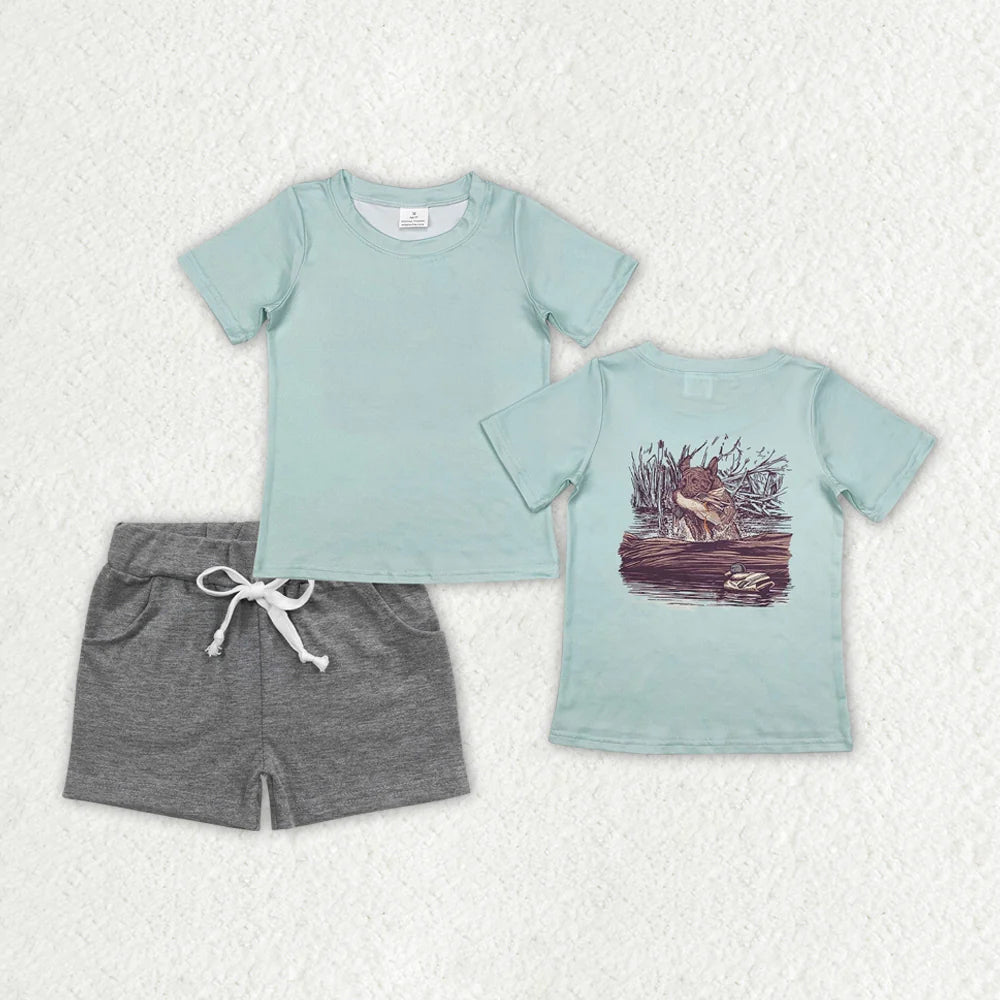 12.18 RTS Sibling Baby Boys Short Sleeve Back Ducks Dogs Fishing Top Pockets Shorts Hunting Clothes Sets