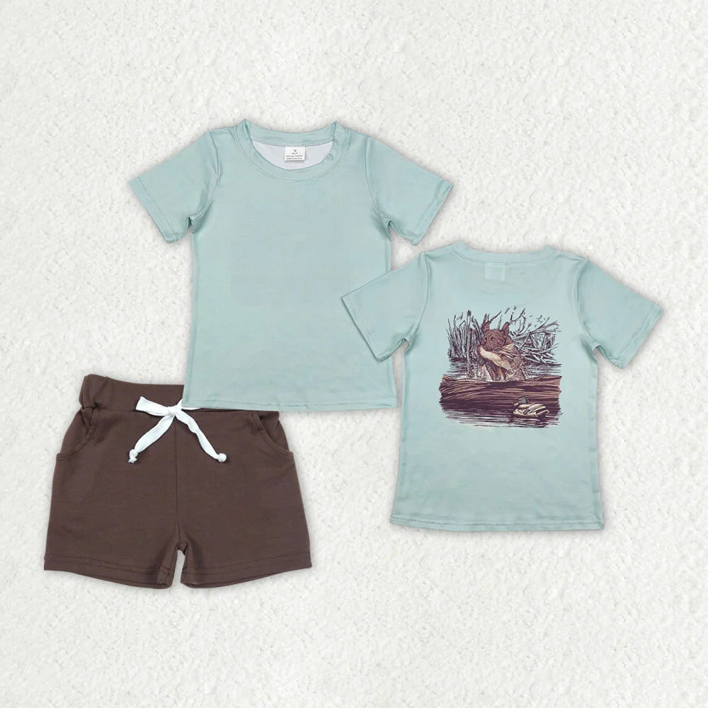 12.18 RTS Sibling Baby Boys Short Sleeve Back Ducks Dogs Fishing Top Pockets Shorts Hunting Clothes Sets