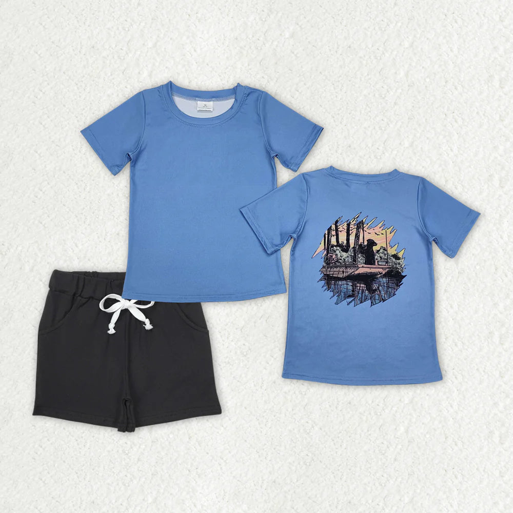 12.18 RTS Sibling Baby Boys Short Sleeve Back Ducks Dogs Fishing Top Pockets Shorts Hunting Clothes Sets